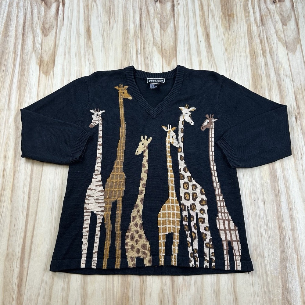 TERAZZO Women's Giraffe V Neck Sweater Black Large 3/4 Sleeve Cute